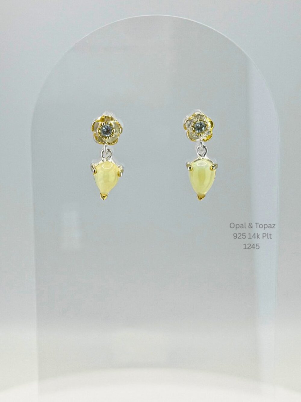 Natural Opal & White Topaz Drop Earrings 925 Sterling Silver 14K Gold Plated